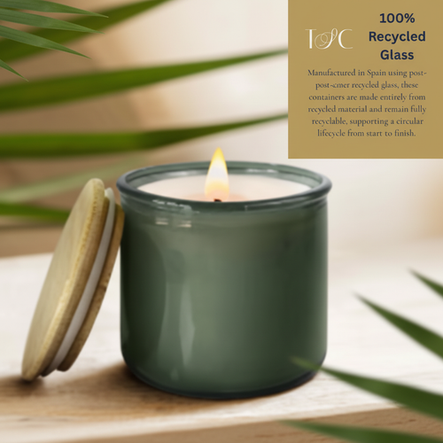 Green candle + recycled glass card top right