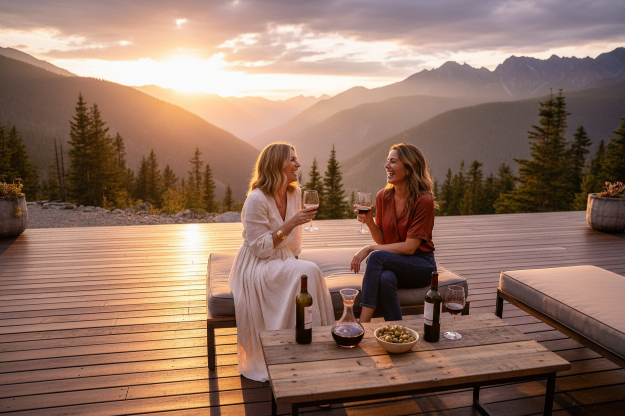 Two women wine on mountain porch